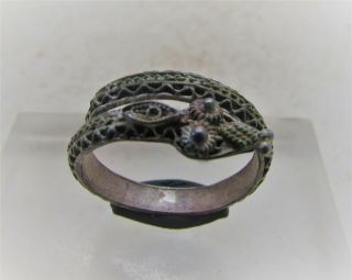 Scarce Circa 100ad Ancient Roman Silver Snake Ring Coiled Serpent