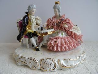 Spectacular Dresden Figurine German Dresden Porcelain Lace Figure Playing Chess