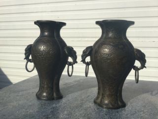 Pair Bronze Chinese Urns With Elephant Handles Dragon & Bird,  Cherry Blossom