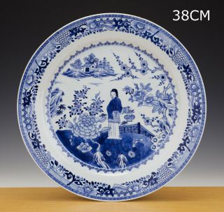 Large Perfect Chinese Porcelain B/w Charger 18th C.  Lady - 15 - Inch