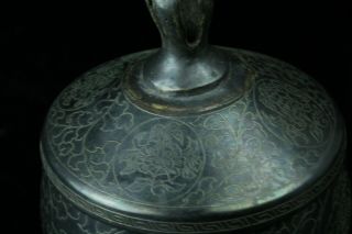 MAY177 KOREAN LATE JOSEON BRONZE SILVER ARABESQUE INLAY COVERED BOWL BOX JAR 11