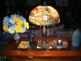 Reverse Painted Lamp Shade With Base,