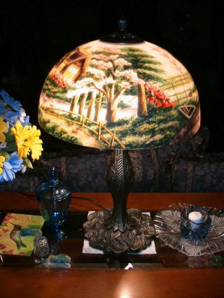 Reverse Painted Lamp Shade With Base, 2
