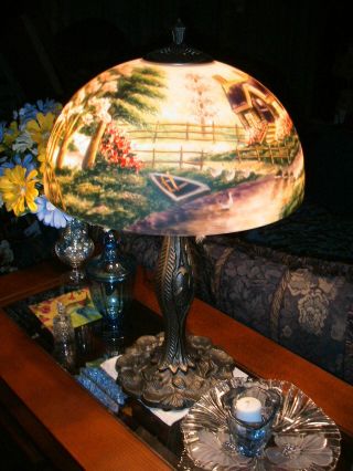 Reverse Painted Lamp Shade With Base, 3
