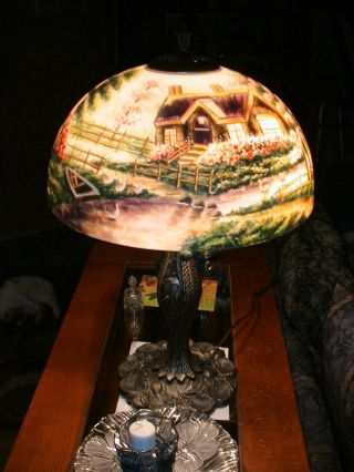 Reverse Painted Lamp Shade With Base, 4