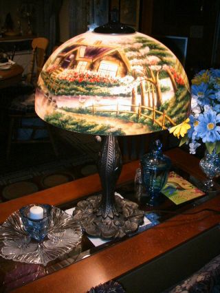 Reverse Painted Lamp Shade With Base, 5