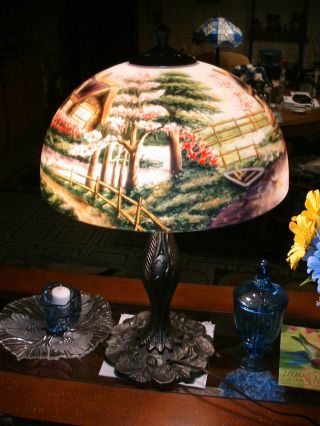 Reverse Painted Lamp Shade With Base, 6