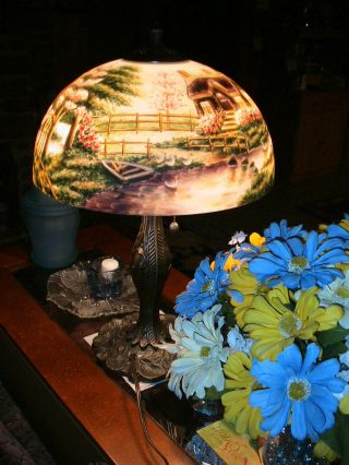 Reverse Painted Lamp Shade With Base, 7