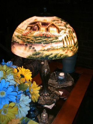 Reverse Painted Lamp Shade With Base, 8