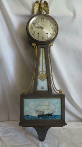 1920s Antique Seth Thomas Key Wind Banjo Wall Clock U.  S.  S.  Constitution Battle