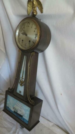 1920s Antique Seth Thomas Key Wind Banjo Wall Clock U.  S.  S.  Constitution Battle 6