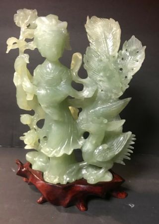 Vintage Chinese Jade Lady / Bird Carving W/ Wood Stand