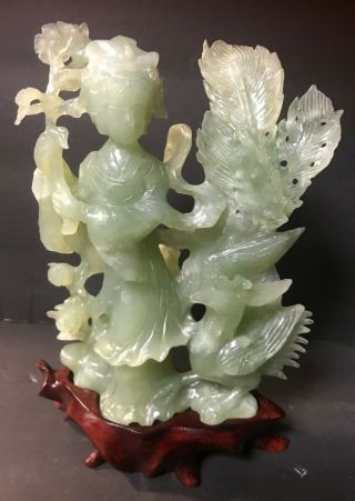 Vintage Chinese Jade Lady / Bird Carving w/ Wood Stand 2