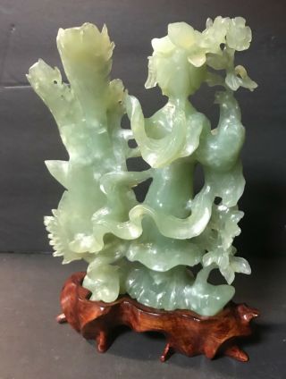 Vintage Chinese Jade Lady / Bird Carving w/ Wood Stand 3