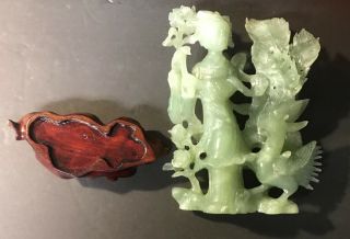 Vintage Chinese Jade Lady / Bird Carving w/ Wood Stand 4