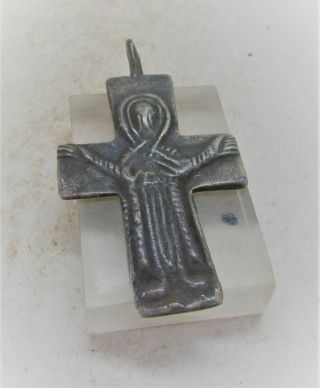 Ancient Byzantine Silver Religious Crucifix Cross Pendant W/ Depiction Of Christ