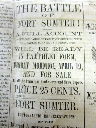 1861 Charleston SC Confederate newspaper w BEGINNING OF THE CIVIL WAR Ft Sumter 4