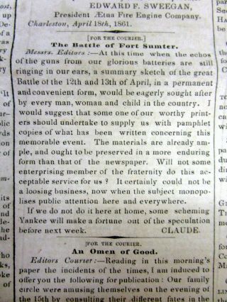 1861 Charleston SC Confederate newspaper w BEGINNING OF THE CIVIL WAR Ft Sumter 5