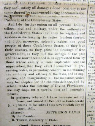 1861 Charleston SC Confederate newspaper w BEGINNING OF THE CIVIL WAR Ft Sumter 8