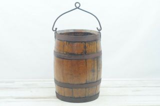 Antique/vintage Primitive Wood Well Bucket Iron Handle And Banding