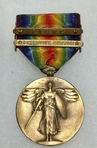 Wwi Us Army Victory Medal With 2 Battle Bars.  Aisne & Defensive Sector.