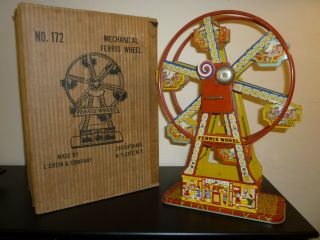 J Chein Ferris Wheel Vintage Tin Wind Up Toy.  Video