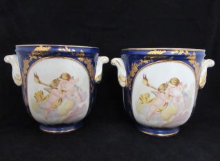 Sevres Style Porcelain Cherub Gilt Cache Pots Planter Vintage