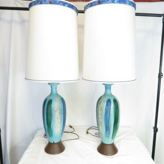Mid - Century Modern Drip Glaze Lamps Tall With Shades Turquoise