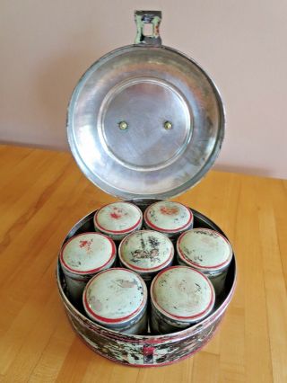 Primitive Spice Canister W (7) Tins Metal Round Vintage Antique 1880s Toleware