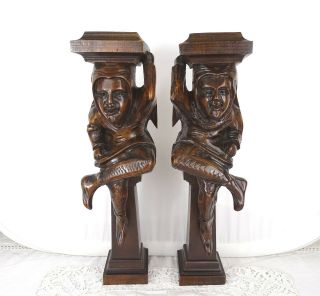 16 " Pair Antique French Walnut Wood Figures/support Posts Pillars Court Jester