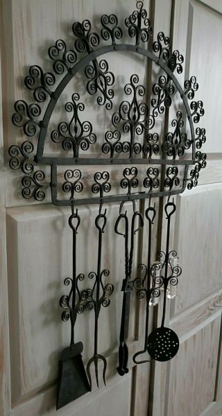 Antique Wrought Iron Hearth Fireplace / Oven 5 Pc Tool Set Wall Mount Rack