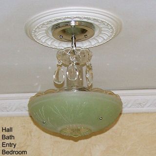 158b Vintage Antique Art Deco Ceiling Light Lamp Fixture Jadeite Hall Bath Entry