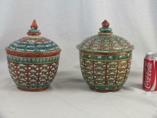 Two 19th C Thai Market Bencharong Porcelain Jars And Covers
