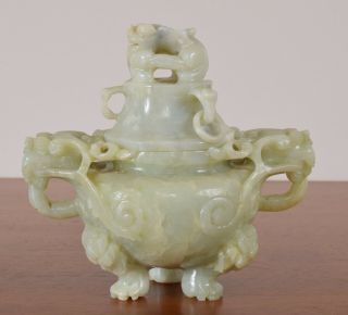 Antique Chinese Pale Apple Green Jade Incense Burner Dragon Handles Lion Feet