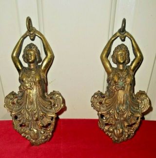 Ant Vtg 2 Victorian Brass Lady Wall Sconces Fixture Decorator Architectural Pc 