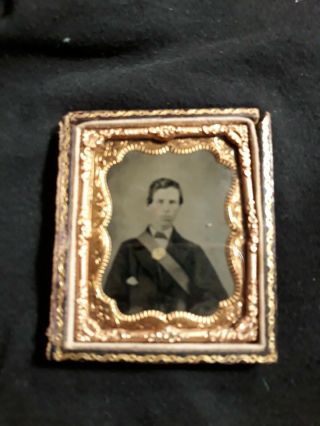 Tintype Photo 1900s Tinted Badge Photo Of High Rank Soldier Gold Leaf & Leather