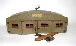 Buddy L Toy Airplane Pressed Steel 4 - Door Hangar W/ One Airplane - (dakotapaull)