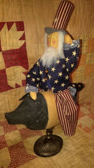 Primitive Decor Folk Art Americana Uncle Sam Riding A Pig July 4th Independence