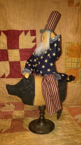 Primitive Decor Folk Art Americana Uncle Sam Riding A Pig July 4th independence 2