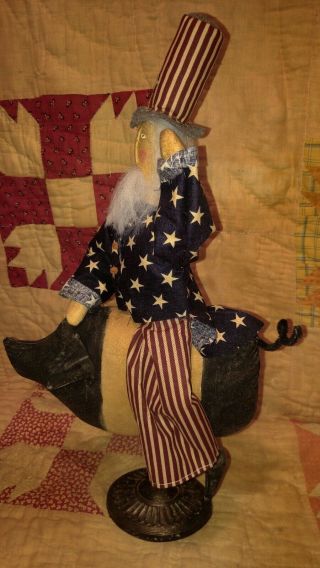 Primitive Decor Folk Art Americana Uncle Sam Riding A Pig July 4th independence 4