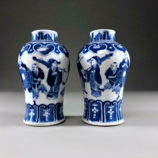 Pair antique Chinese porcelain FIGURAL VASES 19th century Blue & White KANGXI MK 10