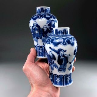 Pair antique Chinese porcelain FIGURAL VASES 19th century Blue & White KANGXI MK 2