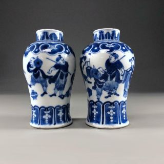 Pair antique Chinese porcelain FIGURAL VASES 19th century Blue & White KANGXI MK 7