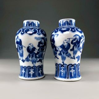 Pair antique Chinese porcelain FIGURAL VASES 19th century Blue & White KANGXI MK 8