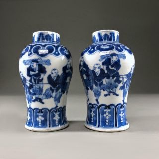 Pair antique Chinese porcelain FIGURAL VASES 19th century Blue & White KANGXI MK 9