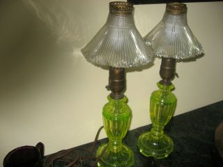 VASELINE GLASS ANTIQUE LAMPS WITH CLEAR GLASS VERY INTERESTING SHADES 5