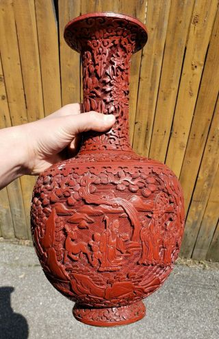 Large 19c Chinese Carved Cinnabar Lacquer Vase With Figures Qing Dynasty 15.  5 "
