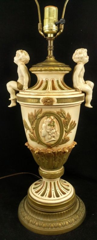Rare Antique 19th C Royal Worcester Cherub Handled Lamp Converted Vase Dux Urn