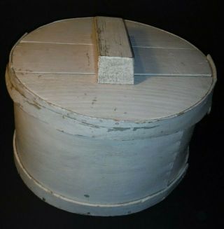 Vintage Round Primitive Bent Wood Shaker Box Slat Lid Handle Pantry Storage 15 " D