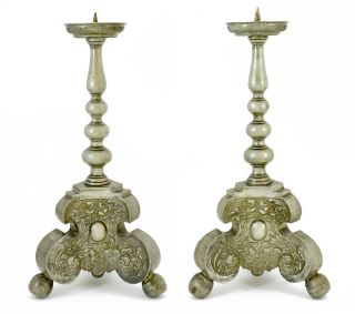 Magnificent Pair Late 17th Century Pewter Candlesticks